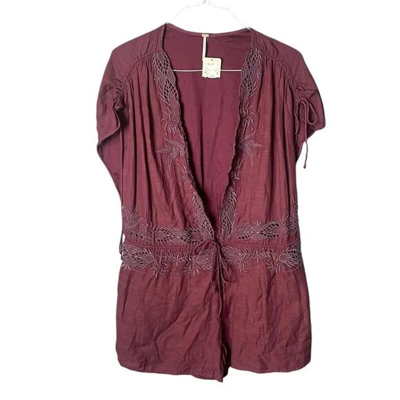 Free People Women’s Sz Medium Weila Romper New NWT Linen Embroidered Shorts - Picture 2 of 8